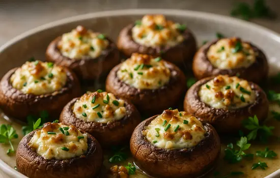 Apéritif de champignons farcis au fromage frais, noix et ciboulette