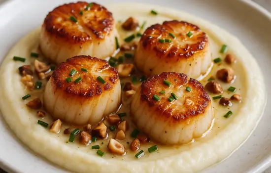 Apéritif de Saint-Jacques poêlées, purée de panais et noisettes