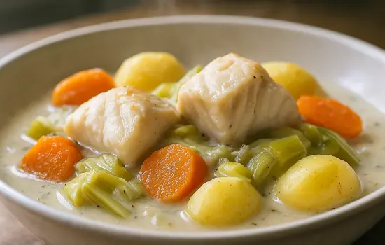 Blanquette de poisson aux poireaux, carottes et pommes de terre