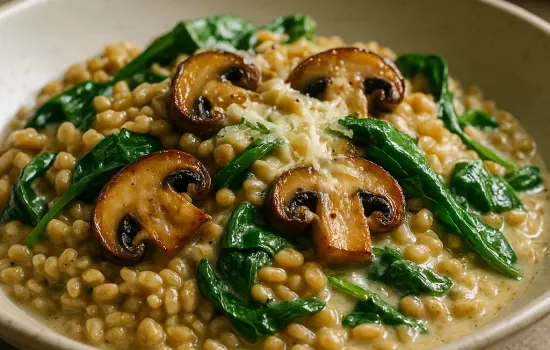 Blé crémeux aux champignons, épinards et parmesan