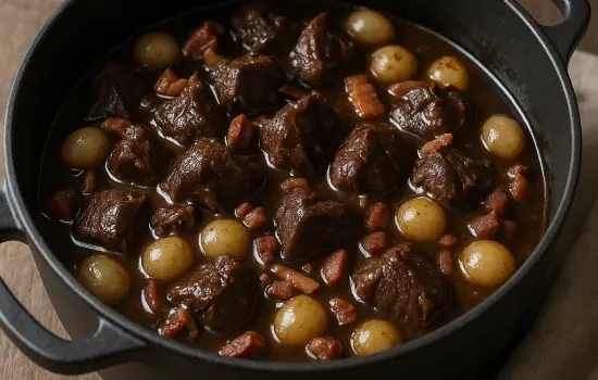 Bœuf bourguignon aux lardons et petits oignons