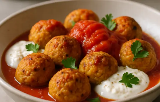 Boulettes de lentilles corail, sauce tomate et yaourt citronné