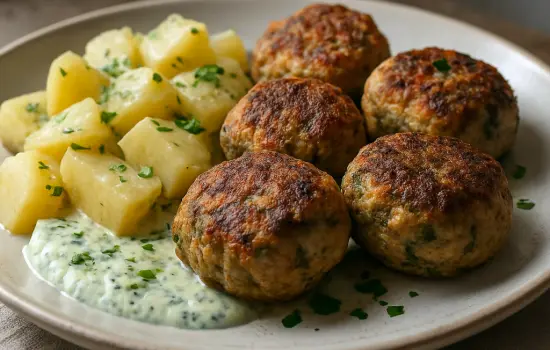 Boulettes de maquereau, pommes de terre tièdes et sauce aux herbes