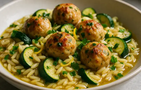 Boulettes de poulet au citron, orzo et courgettes