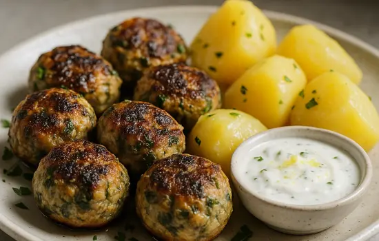 Boulettes de sardines fraîches, pommes de terre et sauce au yaourt citronné