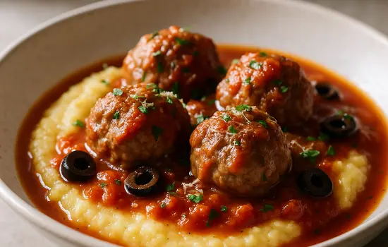 Boulettes de veau sauce tomate aux olives et polenta crémeuse