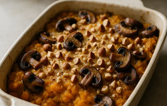 Brandade de potimarron aux champignons et noisettes
