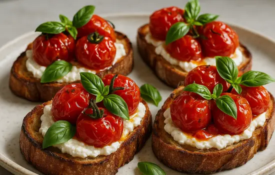 Bruschetta aux tomates rôties, ricotta et basilic