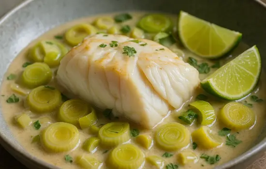 Cabillaud au lait de coco, poireaux et citron vert