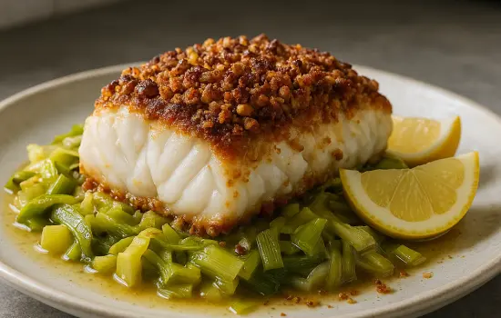 Cabillaud en croûte de noisettes, poireaux fondus et citron