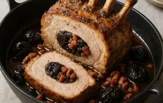 Carré de porc rôti aux pruneaux et au lard à l’ancienne