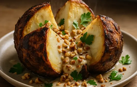 Céleri-rave rôti entier, sauce tahini citron et noisettes