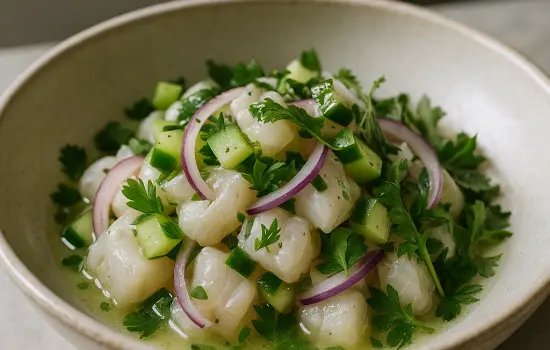 Ceviche de daurade au citron vert, concombre et herbes