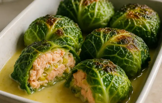Chou farci au saumon et aux poireaux, sauce citronnée légère
