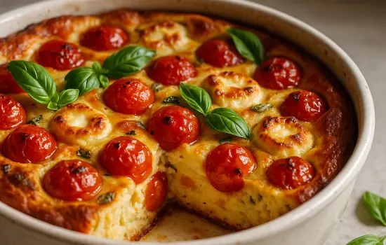 Clafoutis salé aux tomates cerises, chèvre et basilic