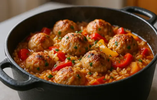 Cocotte de boulettes de dinde aux poivrons et riz
