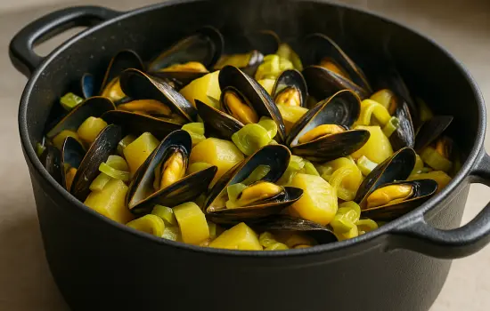 Cocotte de moules, pommes de terre et poireaux au safran