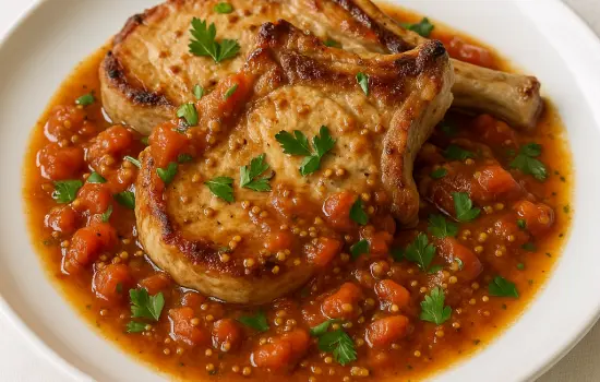 Côtes de porc aux tomates et moutarde à l’ancienne