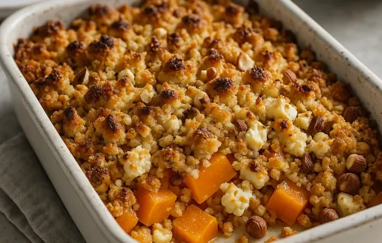 Crumble de courge butternut, feta et noisettes