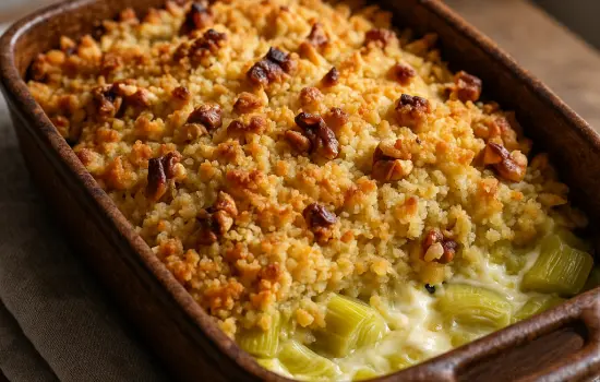 Crumble de poireaux au chèvre frais et aux noix