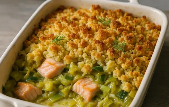 Crumble de poireaux au saumon frais et aneth