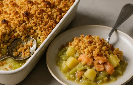 Crumble de poireaux, pommes de terre et saumon fumé