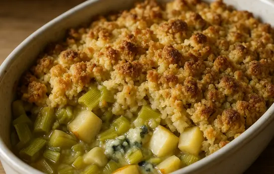 Crumble de poireaux, pommes et bleu