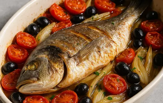 Dorade au four aux tomates, olives et fenouil