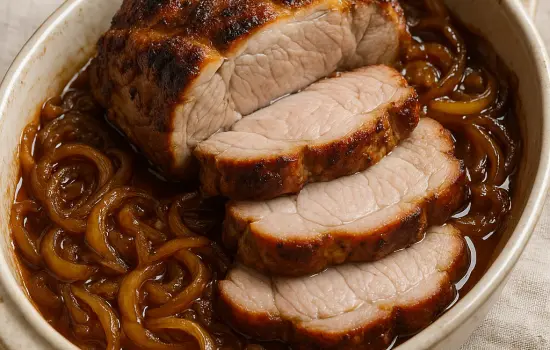 Échine de porc rôtie aux oignons confits à l’ancienne