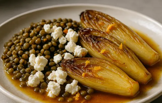 Endives braisées à l’orange, lentilles et feta