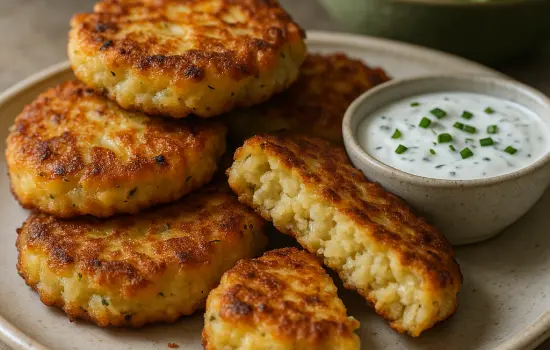 Galettes de chou-fleur au comté, sauce yaourt citron et ciboulette