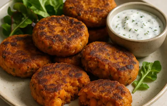 Galettes de patate douce et pois chiches, sauce yaourt citronnée