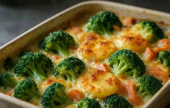 Gratin de brocoli, pommes de terre et saumon fumé