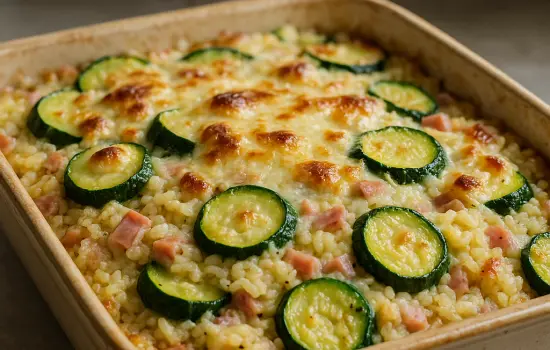 Gratin de courgettes au riz, jambon et mozzarella