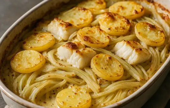 Gratin de fenouil, cabillaud et pommes de terre à la moutarde douce