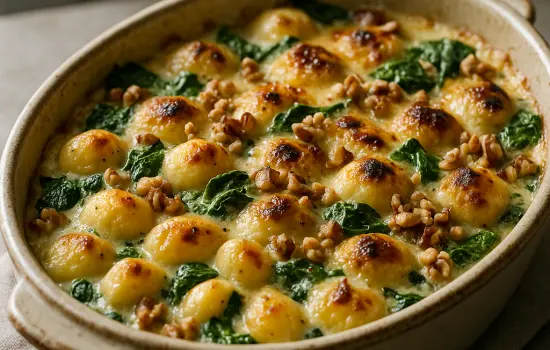 Gratin de gnocchis au gorgonzola, épinards et noix