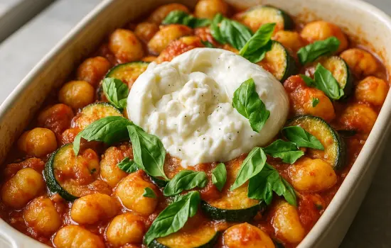 Gratin de gnocchis aux courgettes, burrata et basilic