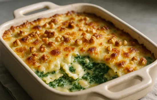 Gratin de ravioles aux épinards, chèvre frais et noix