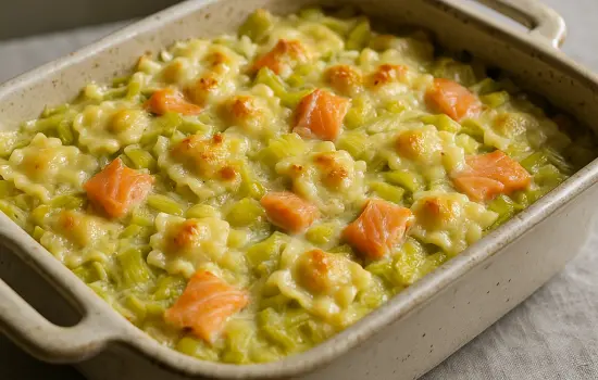 Gratin de ravioles aux poireaux et au saumon fumé