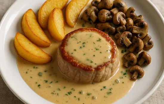 Grenadin de veau sauce normande aux pommes et champignons