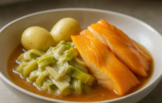 Haddock poché, poireaux fondants et pommes vapeur à la crème légère