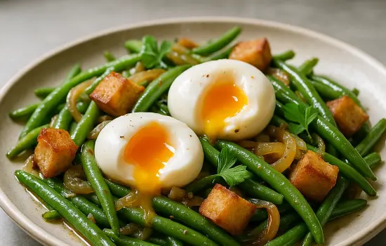 Haricots verts à la lyonnaise, œufs mollets et croûtons