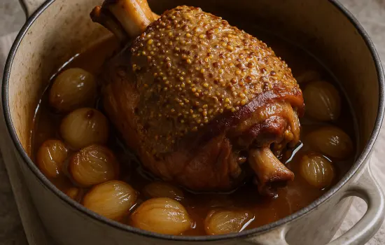Jambonneau de porc braisé à la moutarde à l’ancienne