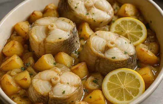 Jarret de lieu noir au four, pommes de terre, oignons et citron