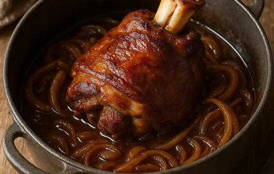 Jarret de porc braisé à la bière et aux oignons