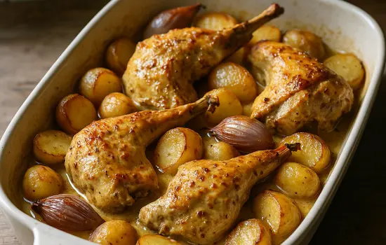 Lapin à la moutarde au four, pommes de terre et échalotes