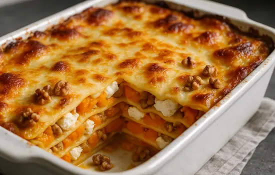 Lasagnes au potimarron, chèvre frais et noix