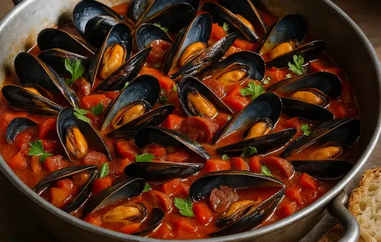 Mijoté de moules au chorizo, tomate et poivron
