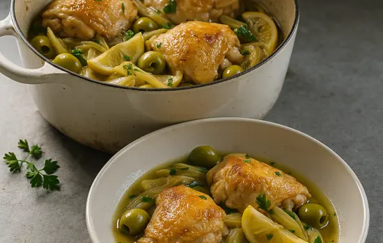 Mijoté de poulet aux olives, citron et fenouil