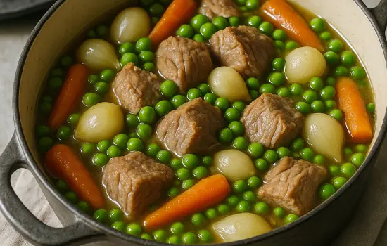 Mijoté de veau aux petits oignons, carottes et petits pois